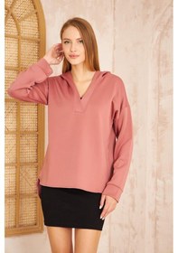 Resim Kadın Scuba Kapüşonlu Arkası Uzun Salaş Rahat Kalıp Sweatshirt 3506230 Gülkurusu 