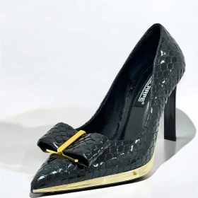 Resim Lescarpe 5508 Siyah Cam Kırığı Altın Metal Platform Topuklu Kadın Ayakkabı 