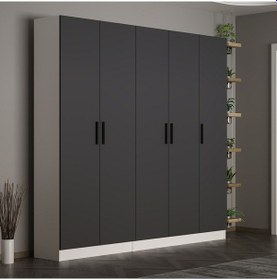 Resim Minar Kale 210 Cm 5 Kapaklı 3b Raf Portmanto Beyaz Antrasit 