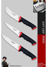 Resim Lazbisa Mtf-051 Soft Grip Mutfak Bıçak Seti Et Ekmek Sebze Bıçağı 3 Lü Set Günlük Kullanım Kırmızı - Siyah 