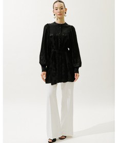 Resim Manuka Jakarlı Saten Gömlek Siyah Siyah 