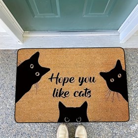 Resim Umarım Kedileri Seversiniz" Kaymaz Paspas - Yıkanabilir Polyester Mat, Kedi Siluet Tasarımı, Bej Arka Plan, Giriş, Oturma Odası, Yatak Odası & Yemek Alanı İçin Mükemmel, Kedi Severler İçin Hediye | Kedi Temalı Dekor | Rahat Dokulu 
