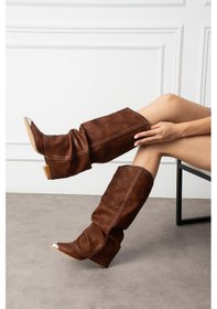 Resim Shoetek Lavem Kadın Çizme Kovboy Körüklü Taba Mat Deri TABA CİLT 