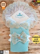 Resim Tomuycuk Triko Örgü Bebek Kundağı - Pamuklu & Dantelli Yenidoğan Bebek Battaniyesi Mint 