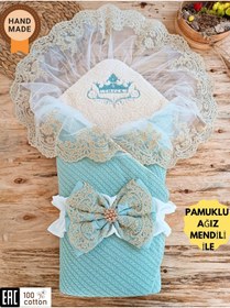 Resim Tomuycuk Triko Örgü Bebek Kundağı - Pamuklu & Dantelli Yenidoğan Bebek Battaniyesi Mint 