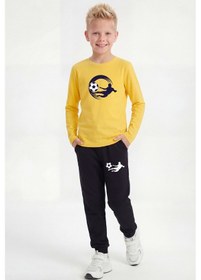 Resim Panios Kids Yuvarlak Yaka Sweatshirt Paça Lastikli Eşofman Alt Baskılı Uzun Kollu Erkek Çocuk Alt Üst Takım Sarı 