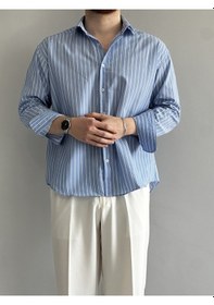 Resim Old Money Rahat Kalıp Çizgili Gömlek Mavi 