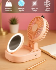 Resim BEYZANA Taşınabilir Işıklı Makyaj Aynalı Mini Vantilatör Fan 3 Kademeli Turbo Üfleme Serin Makyaj Deneyimi 