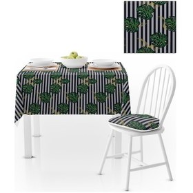 Resim Yaprak Desenli Siyah Beyaz Çizgili Dijital Baskılı Petek Dokuma Masa Örtüsü 140x140 