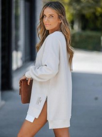 Resim Afri Kadın Oversize Sweatshirt Yan Fermuar Detaylı Uzun Kollu Ekru Tunik Ekru 