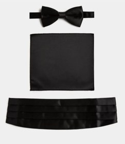 Resim Neowit Siyah Renk Saten Damatlık Kuşak Papyon Mendil Seti Smokin Siyah 