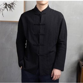Resim Siyah Erkekler Sonbahar Çin Tarzı Gömlek Üst Mandarin Yaka Uzun Kollu Cepler Disk Düğmesi Geleneksel Kung Fu Tai Chi Gömlek Tang Üniforma Tops Siyah 