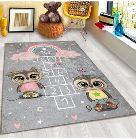 Resim Gökkuşağı Baykuşlu Seksekli Çocuk Oyun Halısı Gri 