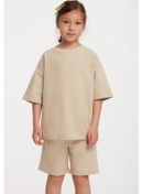 Resim Calı Kız Çocuk Bisiklet Yaka Bej Eşofman Takımı 