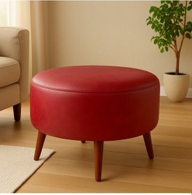 Resim Azra Mobilya Kırmızı Yuvarlak Deri Puf 60 Cm Çap, 46 Cm Yükseklik, Modern Ceviz Ayaklı Kırmızı 