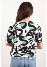 Resim Kadın Baskılı Bisiklet Yaka Oversize T-shirt Beyaz 