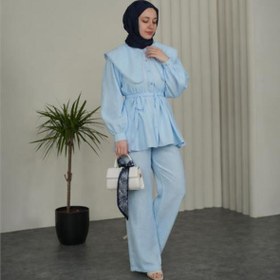Resim Neşeli Butik kadın bebe mavi geniş kesim yaka detaylı kuşaklı ikili tesettür takım NBVQ3148 