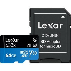 Resim Lexar 633X 64GB 100MB-45MB/s microSDXC UHS-1 Class 10 A1 V30 U3 Hafıza Kartı + Adaptör (LSDMI64GBB633A) 