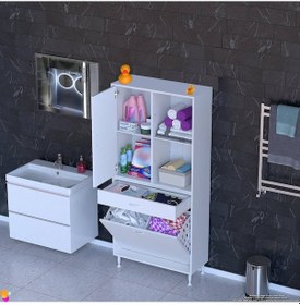 Resim Modilayn Afra 70x173x32,5cm 1 Çekmece, 2 Göz Sepet, 1 Kapak, 4 Raf Dar Alan Banyo Dolabı Beyaz 