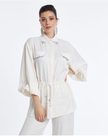 Resim Serpil Exclusive Kadın Taş Detaylı Gömlek Ve Pantolon Takımı Ayarlanabilir Bel Ve Rahat Kesim Ekru 