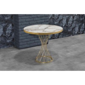Resim Avvio 90x90 Ada Beyaz Mermer Görünümlü Kenarı Gold Hasır Ayaklı Mutfak Masası 
