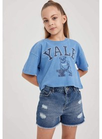 Resim Defacto Kız Çocuk Yale University Relax Fit Bisiklet Yaka Kısa Kollu Tişört A5236A823HSBE105 Mavi 