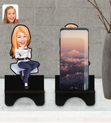 Resim Bk Gift Kişiye Özel Kadın Karikatürlü Ahşap Biblo Telefon Standı-101 