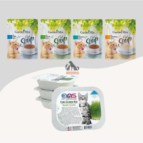Resim Kediler İçin Ödül Seti1 4 Farklı Aromalı Kedi Çorbası + Kedi Çimi 