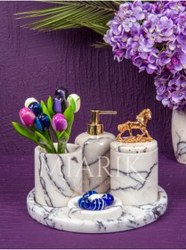 Resim MIARIK DESIGN & DEKORASYON DEKORATİF LEYLAK MERMER YAPRAK DETAYLI 5 Lİ BANYO SETİ TAKIMI 