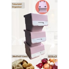 Resim 3'lü Tekerlekli Sebzelik BPA Free Soğanlık Oyuncaklık Organizer Beyaz Pembe 12 Lt 