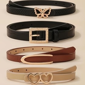 Resim Kadınlar için 4lü Retro Tarzlı Suni Deri Kemer Seti, Çevrilebilir Tek Renkli, Göz Deliği Süslemeli, Non-Textile Dokuma, Kuru Temizlik Bakımı - Jeanler için Moda Aksesuarı 