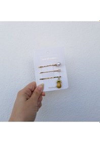 Resim 3Lü Ananas İnci Taş Toka Seti Altın 