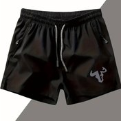 Resim Erkeklerin Şık Mavi Plaj Tatili Şortları, Buzul Başlıklı Baskı, Cep ve Bağcıklı Bel - Nefes Alabilen Polyester, Yaz için Rahat Spor Şortları, Rahat Giyim Şortları|Rahat Spor Şortları|Zipli Şort 