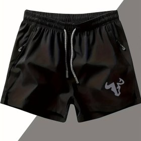 Resim Erkeklerin Şık Mavi Plaj Tatili Şortları, Buzul Başlıklı Baskı, Cep ve Bağcıklı Bel - Nefes Alabilen Polyester, Yaz için Rahat Spor Şortları, Rahat Giyim Şortları|Rahat Spor Şortları|Zipli Şort 