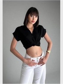 Resim Kadın Viskon Kısa Kol V yaka Yakalı Slim Fit Gömlek 