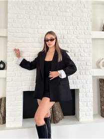 Resim Femistik Kadın Cep Detaylı Düğmesiz Premium Siyah Blazer Ceket 