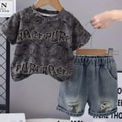 Resim Erkek Çocuk Yazlık Giysi Seti İngilizce Delikli Kısa Kollu + Kot Şortlu 2 parça takım elbise, Erkek Çocuklar için Moda ve Serin Günlük Çok Yönlü Takım Elbise, Dış Mekanlar İçin Mükemmel 