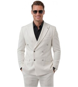 Resim Deep Sea Deepsea Erkek Beyaz Slim Fit Kruvaze Takım Elbise Likralı Çizgili Dokulu Metal Düğmeli 2600820 