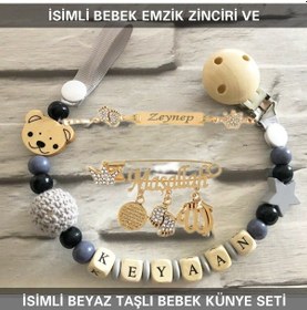 Resim Sahi Aksesuar İsimli Bebek Emzik Zinciri Ve İsimli Bebek Künye Seti Bezyı729 Bej - Mavi 