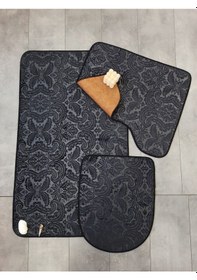 Resim Ultrasoft Desenli Siyah 3 Lü Banyo Paspası Halısı Seti Kaymaz Siyah 