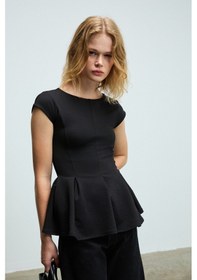 Resim Grimelange ROLLIE Kadın Bisiklet Yaka Arkada Damla Düğme Detaylı Mini Kısa Kollu Etek Ucu Pileli Peplum Siyah B 