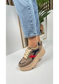 Resim Günlük Kadın Sneaker Kalın Yüksek Taban Bağcıklı Rahat Tiger Şeritli Spor Ayakkabı 032 06-vizon Laci Kırmızı 