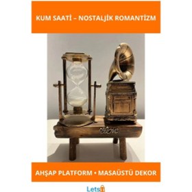 Resim Nostaljik Gramofon Biblolu Kum Saati Ahşap Eskitme Dekoratif Süslü 1 Adet 