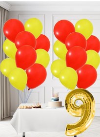 Resim 9 Yaş Sarı Kırmızı Taraftar Temalı Doğum Günü Seti Sarı Kırmızı Balonlar Altın Folyo Rakam Sarı 