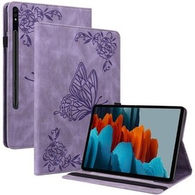 Resim Samsung Uyumlu Galaxy Tab S7+/s7 Fe/s8+ Kelebek Çiçek Kabartmalı Deri Tablet Kılıfı 