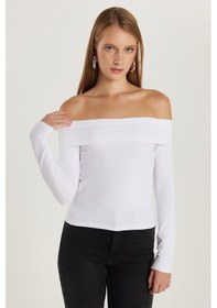 Resim Tudors Kadın Slim Fit Dar Kesim Uzun Kol Kayık Yaka Beyaz Bluz-35305 Beyaz 