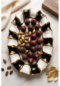 Resim Lüks Dalgalı Kenar Porselen İkram Tabağı 36x23 Cm Oval Sunumluk Siyah-beyaz Beyaz - Altın 