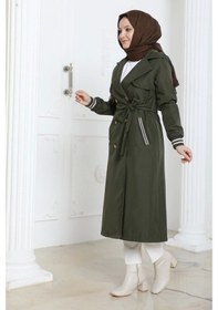 Resim Bondit Kumaş Ribanalı Uzun Boy Trençkot / Haki - M0110 Haki 