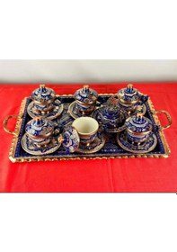 Resim 6lı Bakır Fincan Takımı Ve Lokumluk Kare Tepsi 