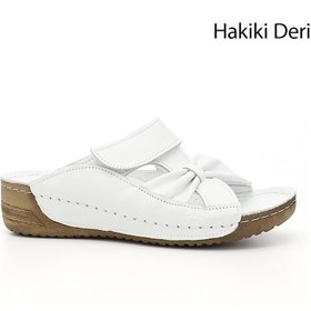 Resim Gönderi R Beyaz Cırtlı Dolgu Taban Hakiki Deri Terlik Bej - Beyaz - Kırmızı 